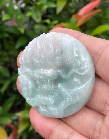 Natural Certified Burmese Jadeite Jade Pendant – Icy Bluish Milky White & Imperial Green – Hand-Carved Dragon & Twin Fish Motif – JP053