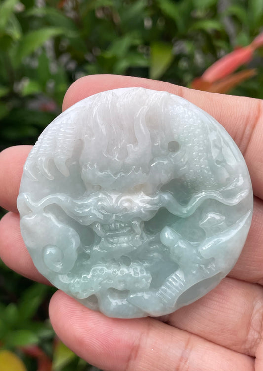 Natural Certified Burmese Jadeite Jade Pendant – Icy Bluish Milky White & Imperial Green – Hand-Carved Dragon & Twin Fish Motif – JP053