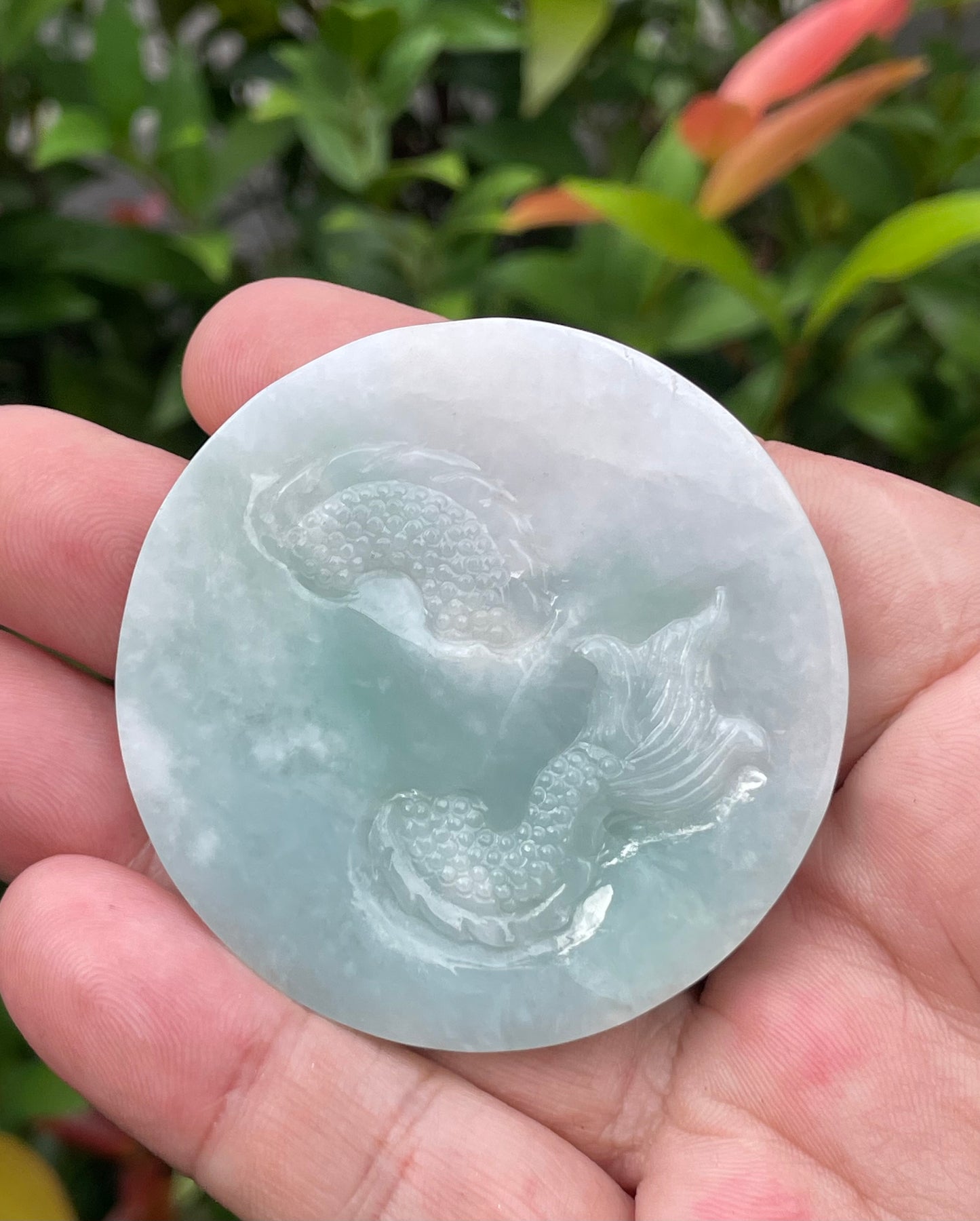 Natural Certified Burmese Jadeite Jade Pendant – Icy Bluish Milky White & Imperial Green – Hand-Carved Dragon & Twin Fish Motif – JP053