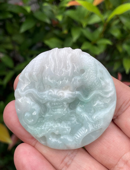 Natural Certified Burmese Jadeite Jade Pendant – Icy Bluish Milky White & Imperial Green – Hand-Carved Dragon & Twin Fish Motif – JP053