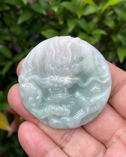 Natural Certified Burmese Jadeite Jade Pendant – Icy Bluish Milky White & Imperial Green – Hand-Carved Dragon & Twin Fish Motif – JP053