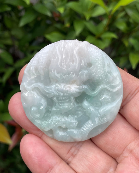Natural Grade A Certified Burmese Jadeite Jade Pendant – Icy Bluish Milky White & Imperial Green – Hand-Carved Dragon & Twin Fish Motif – JP053