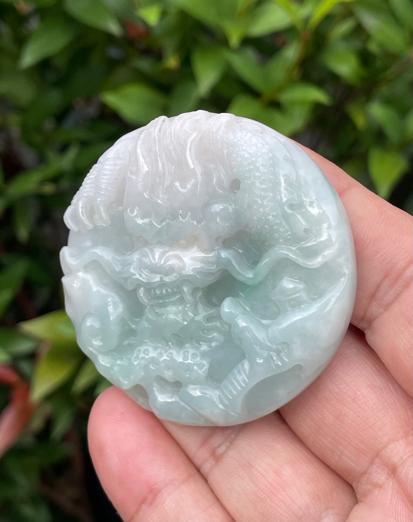 Natural Certified Burmese Jadeite Jade Pendant – Icy Bluish Milky White & Imperial Green – Hand-Carved Dragon & Twin Fish Motif – JP053