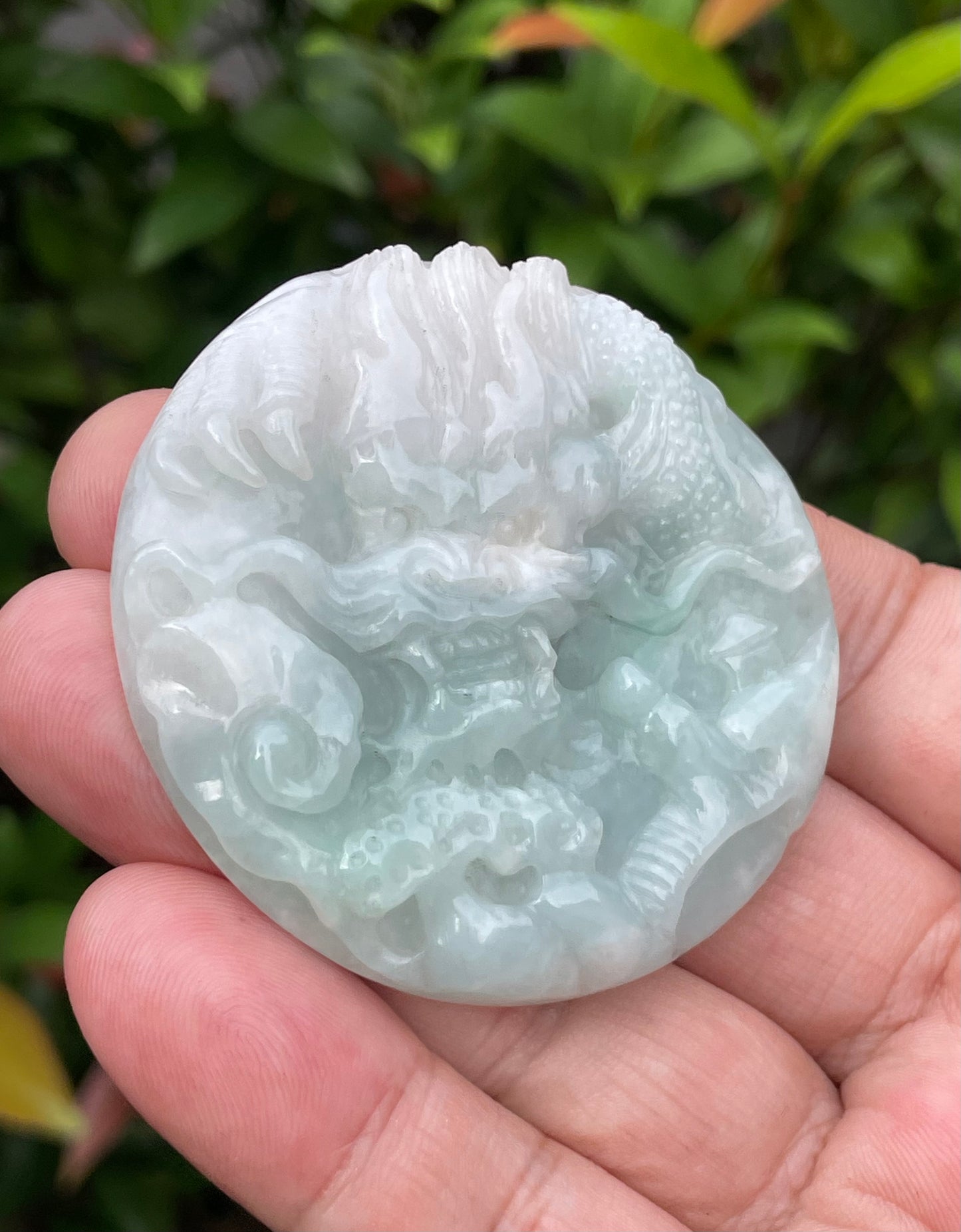 Natural Certified Burmese Jadeite Jade Pendant – Icy Bluish Milky White & Imperial Green – Hand-Carved Dragon & Twin Fish Motif – JP053