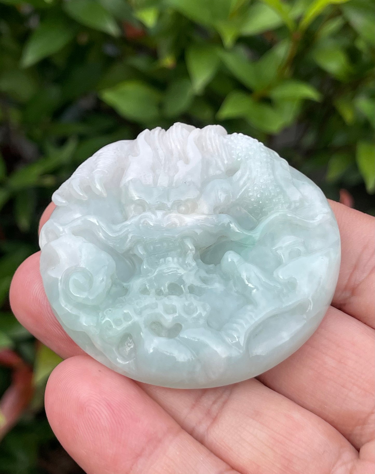 Natural Certified Burmese Jadeite Jade Pendant – Icy Bluish Milky White & Imperial Green – Hand-Carved Dragon & Twin Fish Motif – JP053