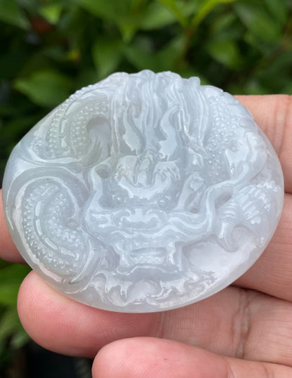 Natural Certified Burmese Jadeite Jade Pendant – Icy Lavender, Moss Green & Milky White – Hand-Carved Dragon Motif – JP051