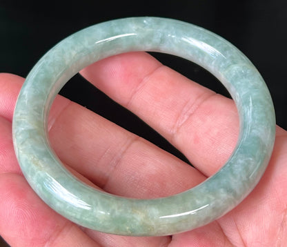 Natural Certified Burmese Jadeite Jade Bangle – Icy Apple Green with Honey and Milky White Hues – Princess Cut – 55.2mm – JB514