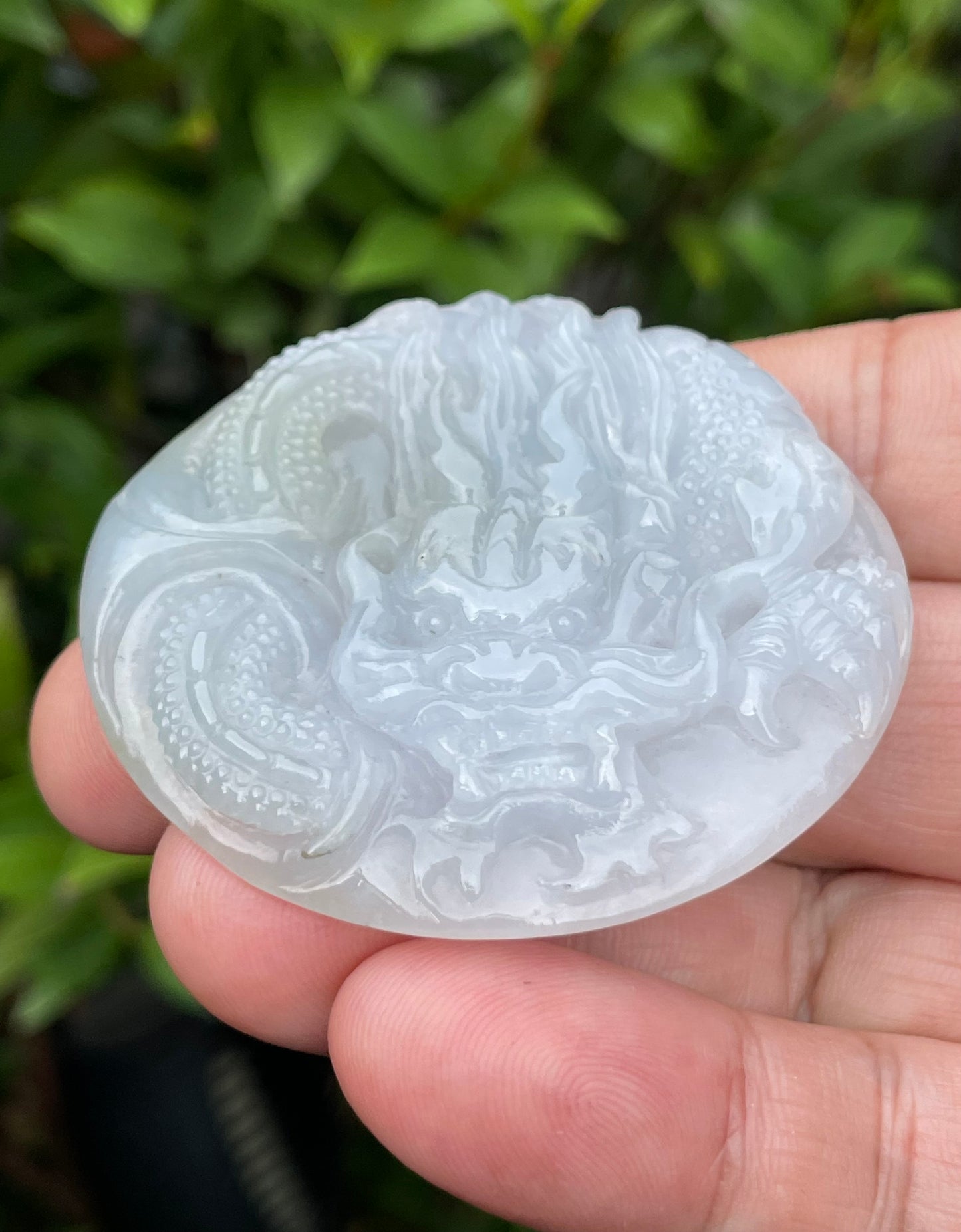 Natural Certified Burmese Jadeite Jade Pendant – Icy Lavender, Moss Green & Milky White – Hand-Carved Dragon Motif – JP051