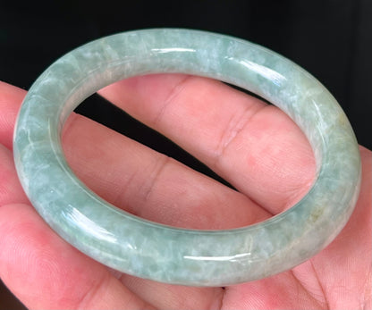 Natural Certified Burmese Jadeite Jade Bangle – Icy Apple Green with Honey and Milky White Hues – Princess Cut – 55.2mm – JB514