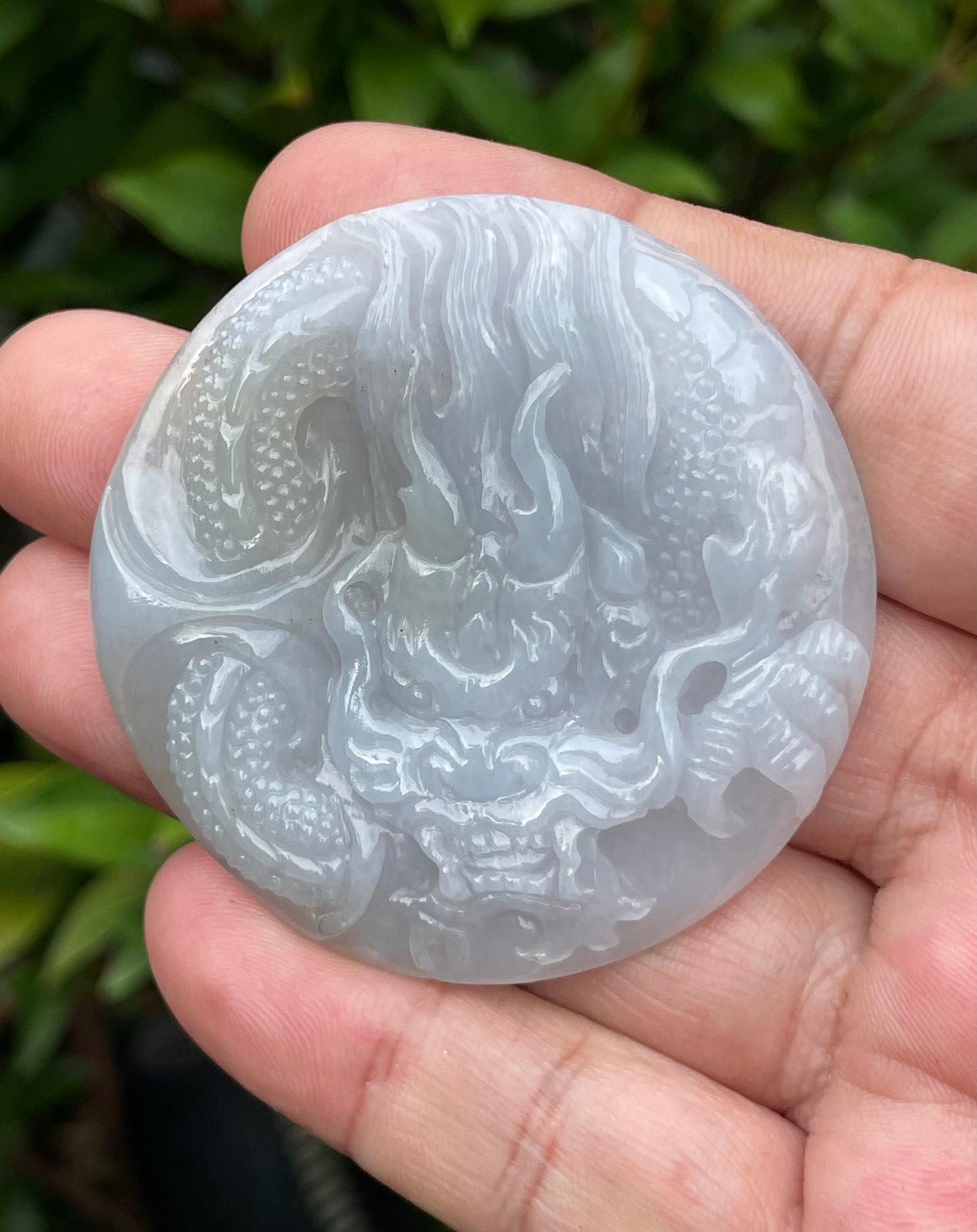 Natural Certified Burmese Jadeite Jade Pendant – Icy Lavender, Moss Green & Milky White – Hand-Carved Dragon Motif – JP051