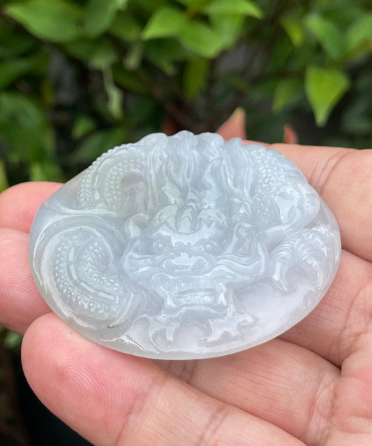 Natural Certified Burmese Jadeite Jade Pendant – Icy Lavender, Moss Green & Milky White – Hand-Carved Dragon Motif – JP051