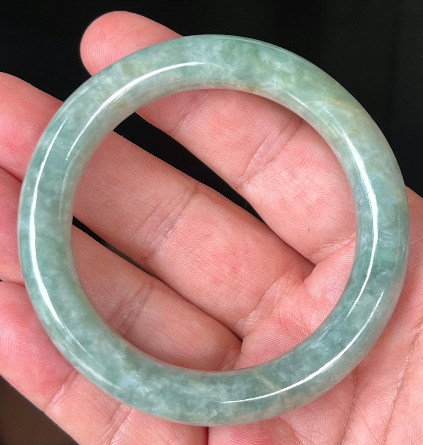 Natural Certified Burmese Jadeite Jade Bangle – Icy Apple Green with Honey and Milky White Hues – Princess Cut – 55.2mm – JB514