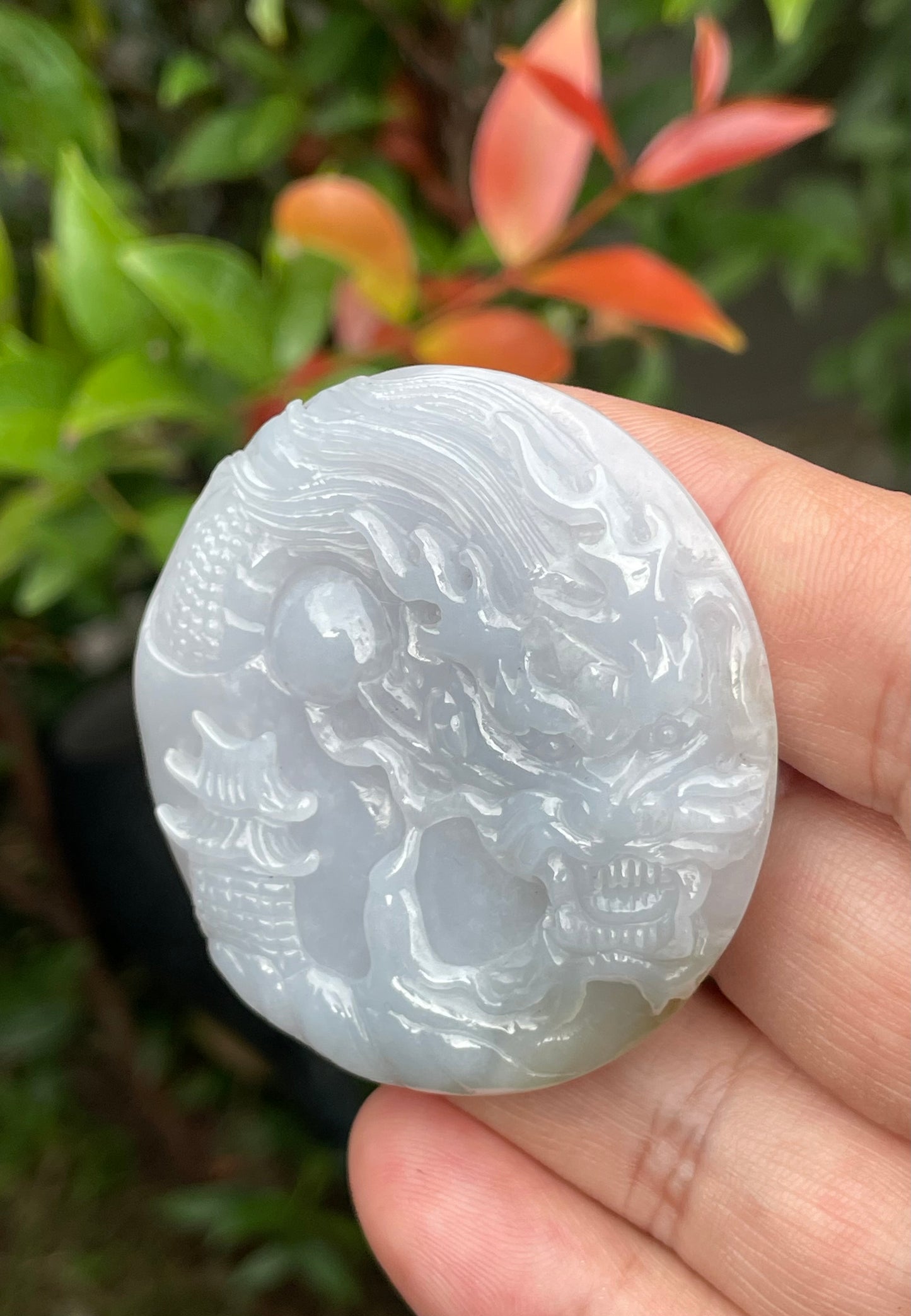 Natural Certified Burmese Jadeite Jade Pendant – Icy Lavender, Milky White & Moss Green – Hand-Carved Dragon Motif – JP050