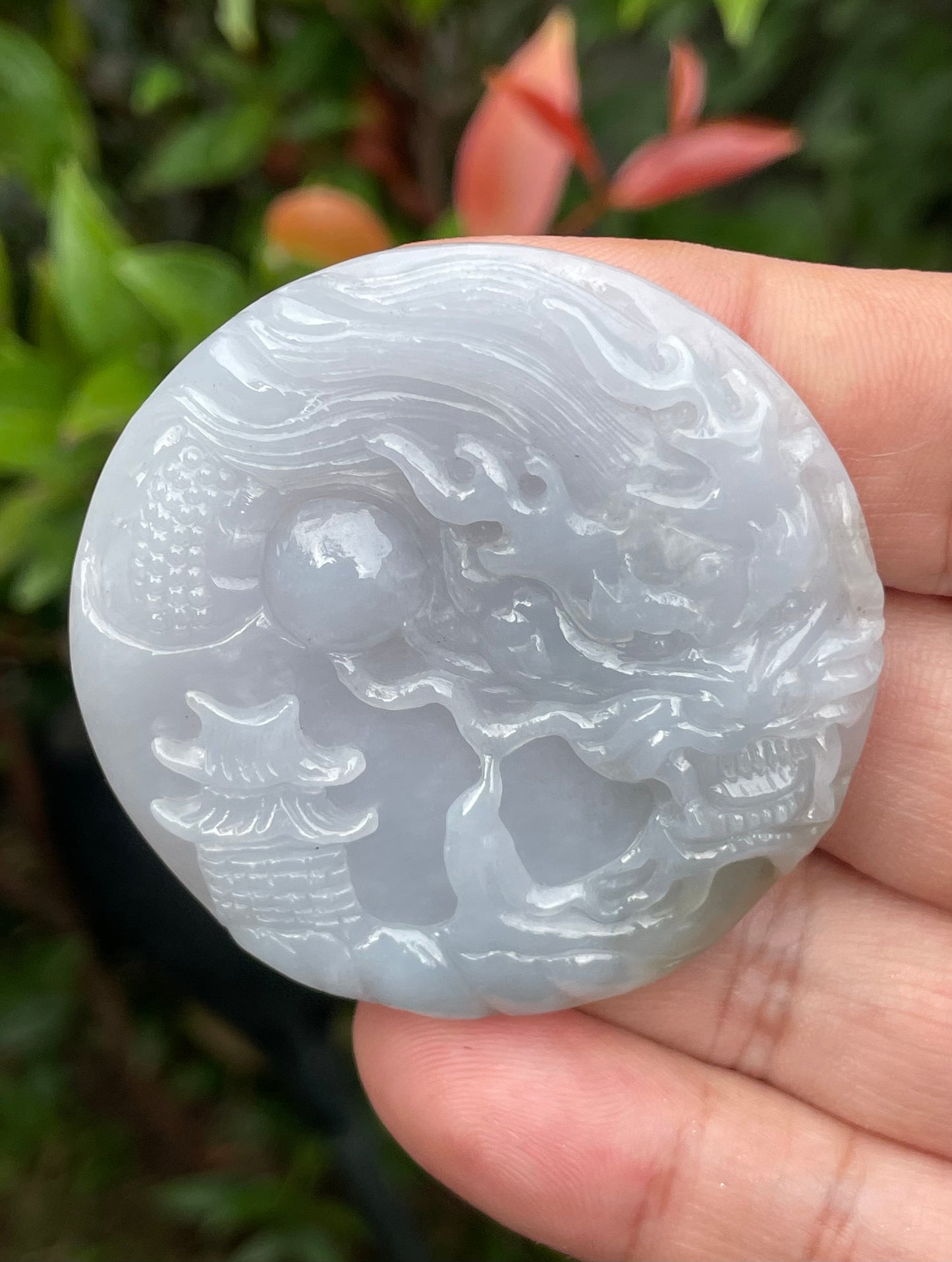 Natural Certified Burmese Jadeite Jade Pendant – Icy Lavender, Milky White & Moss Green – Hand-Carved Dragon Motif – JP050