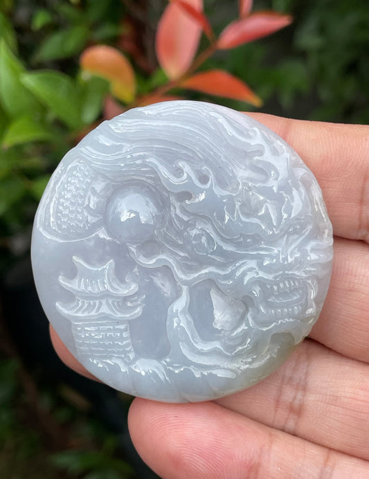 Natural Grade A Certified Burmese Jadeite Jade Pendant – Icy Lavender, Milky White & Moss Green – Hand-Carved Dragon Motif – JP050