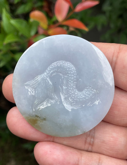 Natural Certified Burmese Jadeite Jade Pendant – Icy Lavender, Milky White & Moss Green – Hand-Carved Dragon Motif – JP050