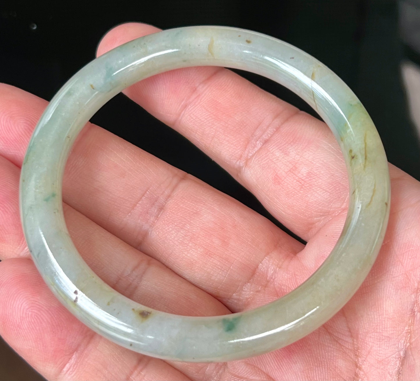 Natural Burmese Jadeite Jade Bangle – Icy Light Apple Green with Honey and Imperial Green Hues – 58.6mm – JB515