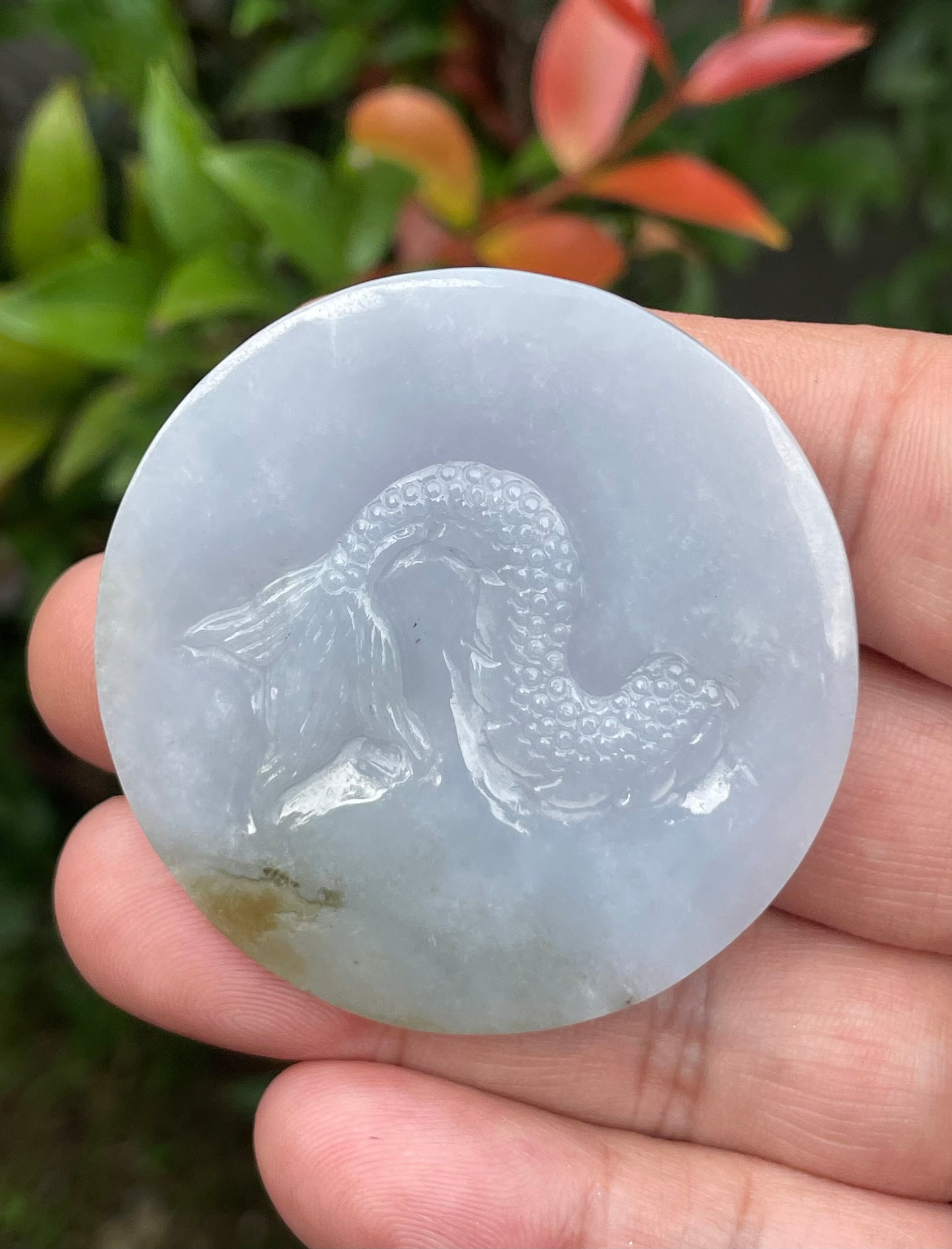 Natural Certified Burmese Jadeite Jade Pendant – Icy Lavender, Milky White & Moss Green – Hand-Carved Dragon Motif – JP050