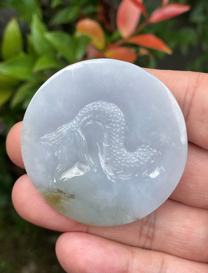 Natural Certified Burmese Jadeite Jade Pendant – Icy Lavender, Milky White & Moss Green – Hand-Carved Dragon Motif – JP050