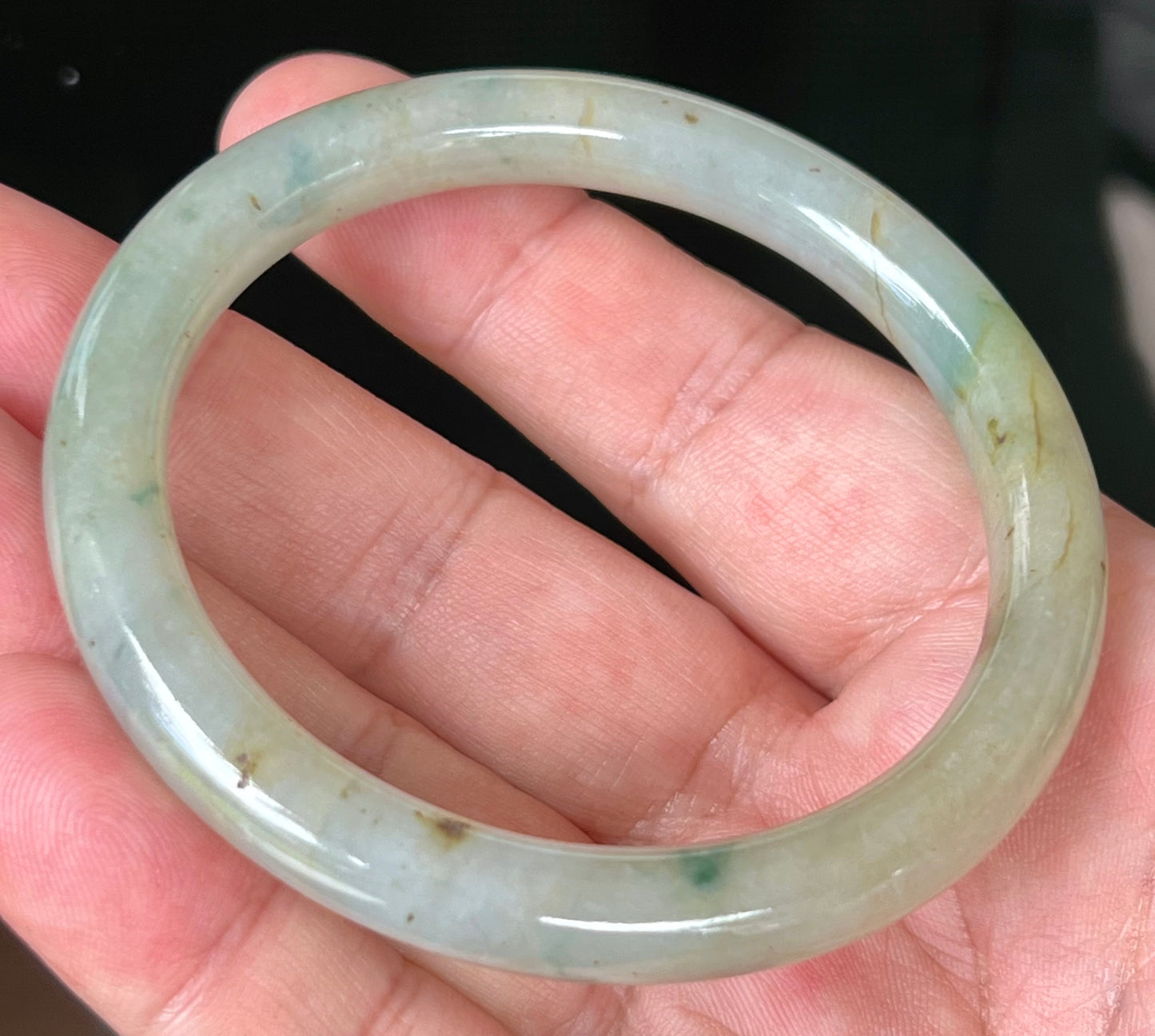 Natural Burmese Jadeite Jade Bangle – Icy Light Apple Green with Honey and Imperial Green Hues – 58.6mm – JB515