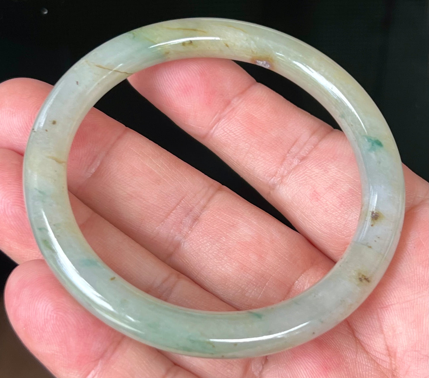 Natural Burmese Jadeite Jade Bangle – Icy Light Apple Green with Honey and Imperial Green Hues – 58.6mm – JB515