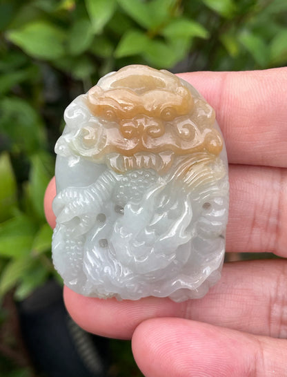 Natural Certified Burmese Jadeite Jade Pendant – Icy Honey, Milky White & Imperial Green – Hand-Carved Dragon Motif – JP064