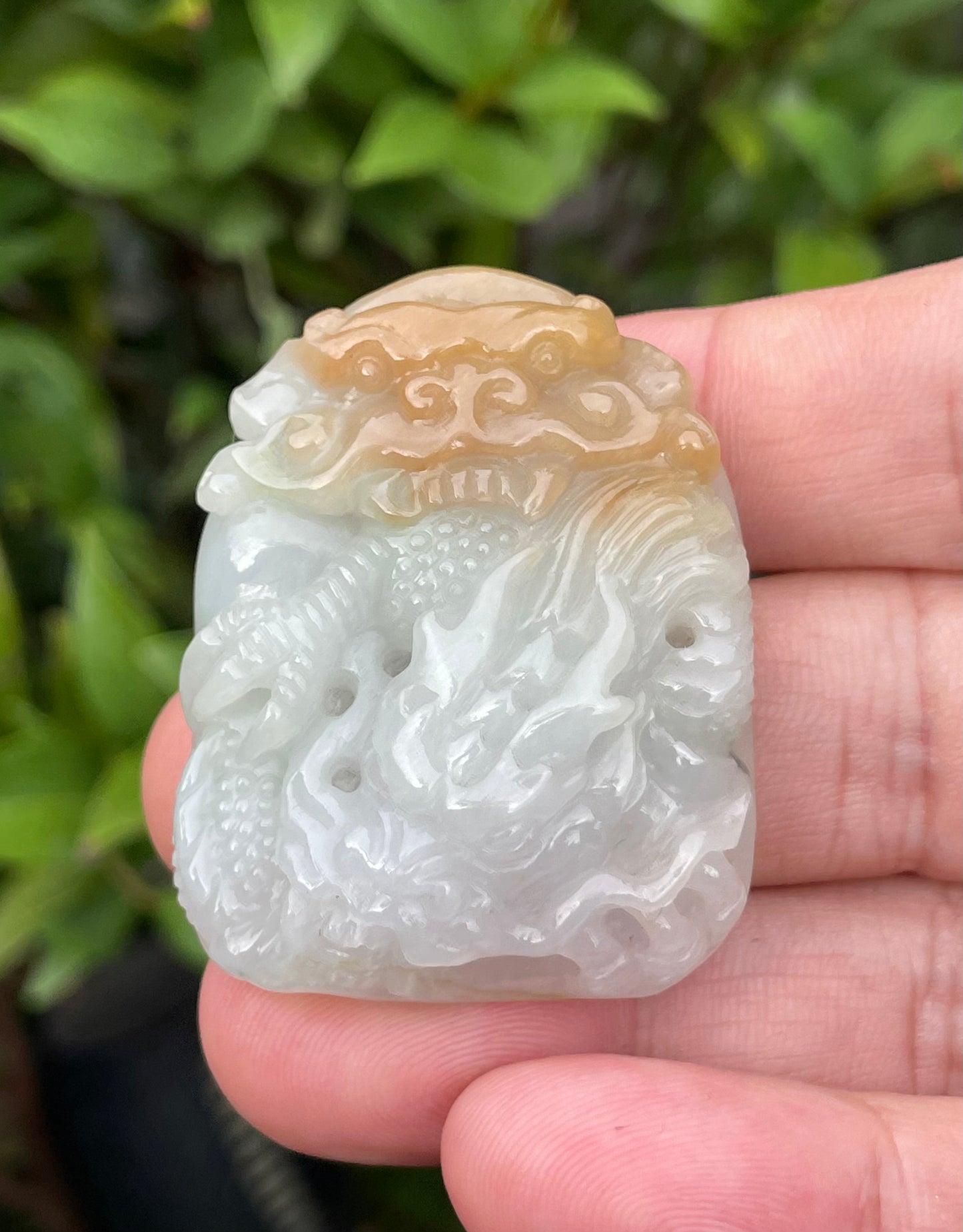 Natural Certified Burmese Jadeite Jade Pendant – Icy Honey, Milky White & Imperial Green – Hand-Carved Dragon Motif – JP064