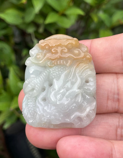 Natural Certified Burmese Jadeite Jade Pendant – Icy Honey, Milky White & Imperial Green – Hand-Carved Dragon Motif – JP064
