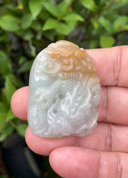 Natural Certified Burmese Jadeite Jade Pendant – Icy Honey, Milky White & Imperial Green – Hand-Carved Dragon Motif – JP064