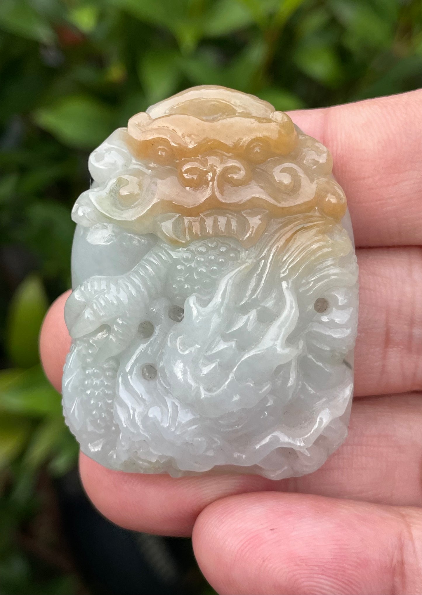 Natural Certified Burmese Jadeite Jade Pendant – Icy Honey, Milky White & Imperial Green – Hand-Carved Dragon Motif – JP064