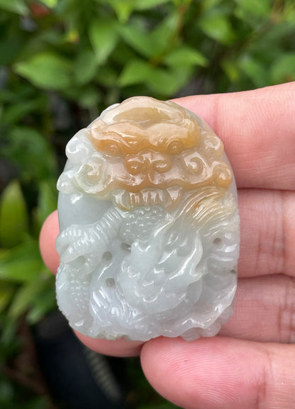 Natural Certified Burmese Jadeite Jade Pendant – Icy Honey, Milky White & Imperial Green – Hand-Carved Dragon Motif – JP064