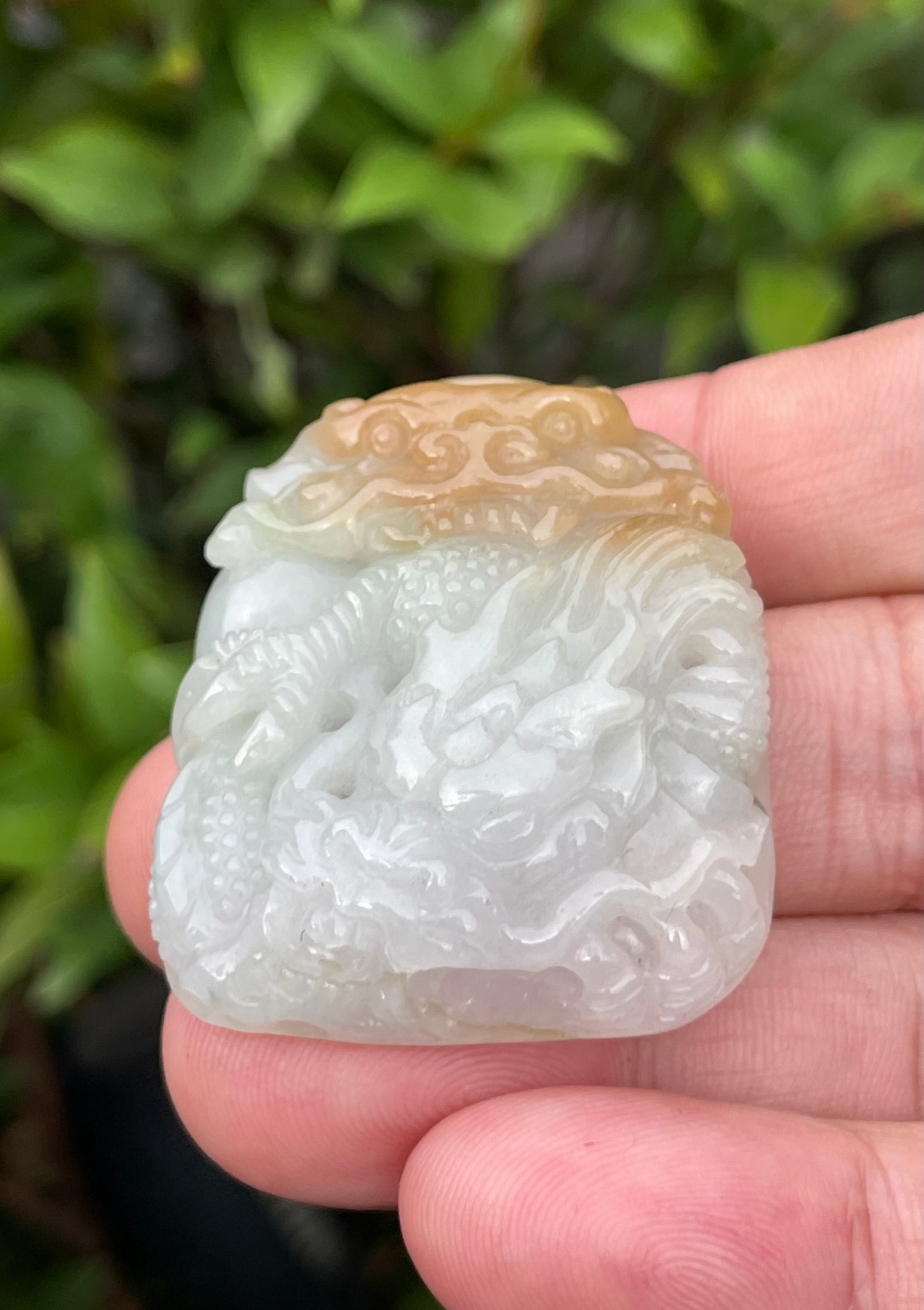 Natural Certified Burmese Jadeite Jade Pendant – Icy Honey, Milky White & Imperial Green – Hand-Carved Dragon Motif – JP064