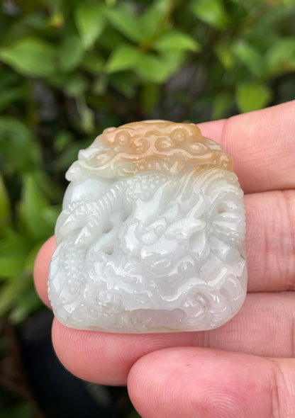 Natural Certified Burmese Jadeite Jade Pendant – Icy Honey, Milky White & Imperial Green – Hand-Carved Dragon Motif – JP064