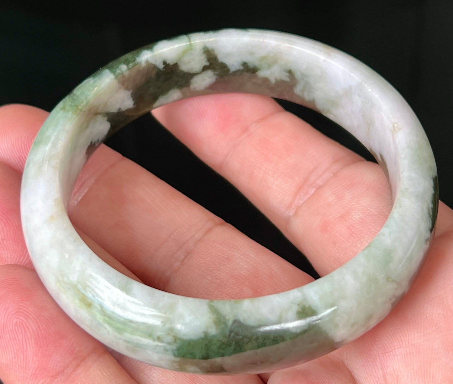 Natural Burmese Jadeite Jade Bangle – Icy Apple and Forest Green with Milky White Hues – 57.2mm – JB517