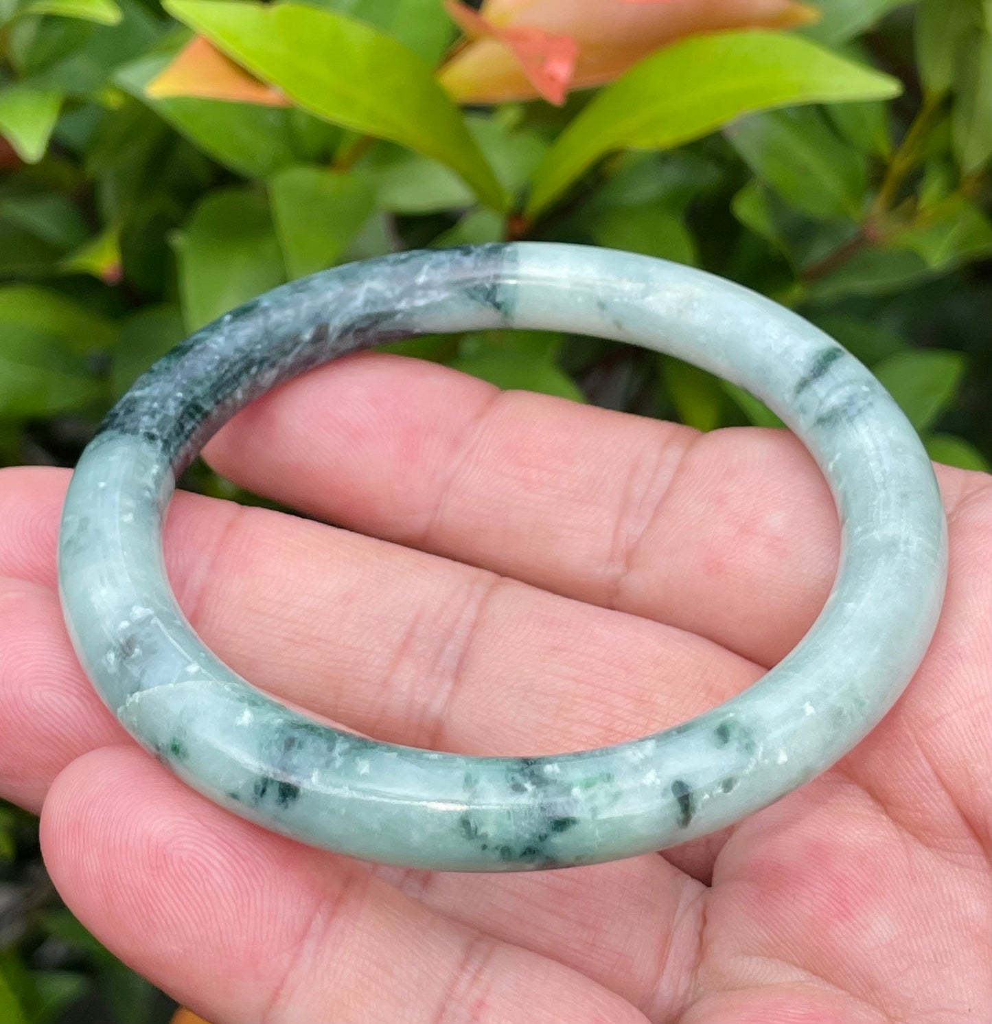 Natural Burmese Jadeite Jade Bangle – Bluish Apple Green & Black – Princess Cut – 57mm – JB943