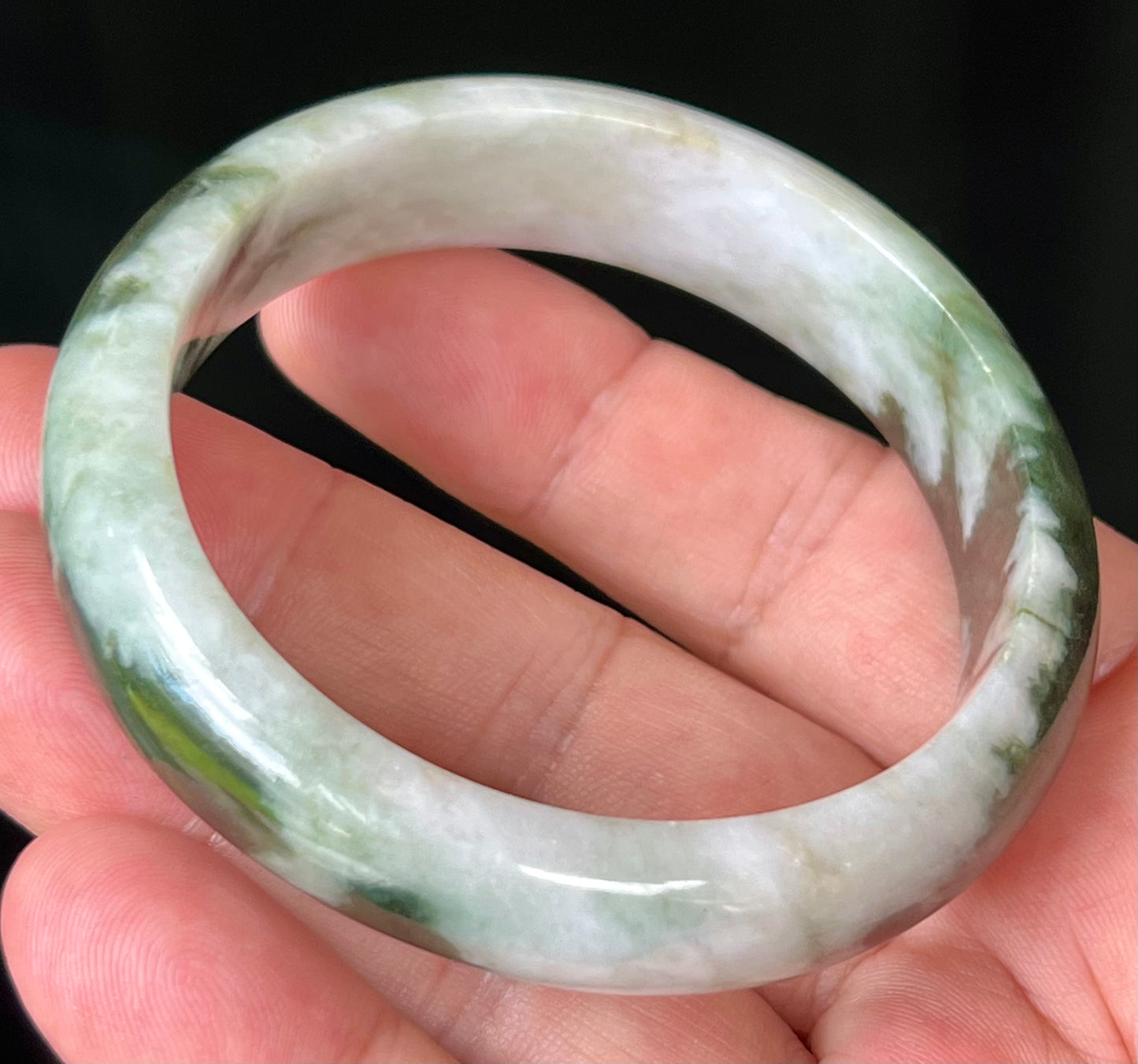 Natural Burmese Jadeite Jade Bangle – Icy Apple and Forest Green with Milky White Hues – 57.2mm – JB517