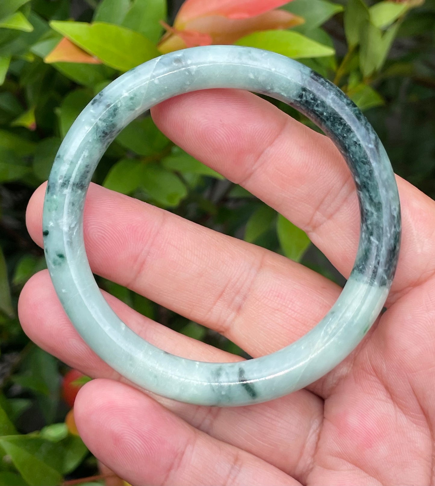 Natural Burmese Jadeite Jade Bangle – Bluish Apple Green & Black – Princess Cut – 57mm – JB943