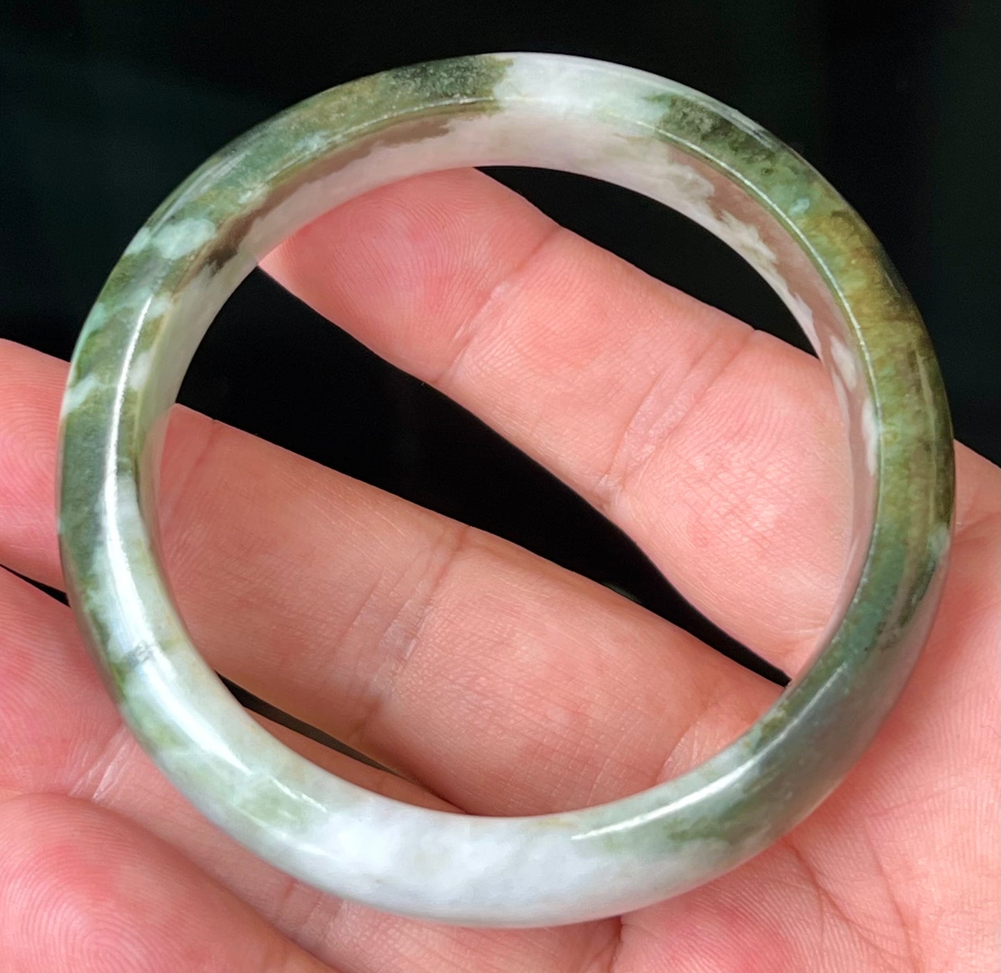 Natural Burmese Jadeite Jade Bangle – Icy Apple and Forest Green with Milky White Hues – 57.2mm – JB517