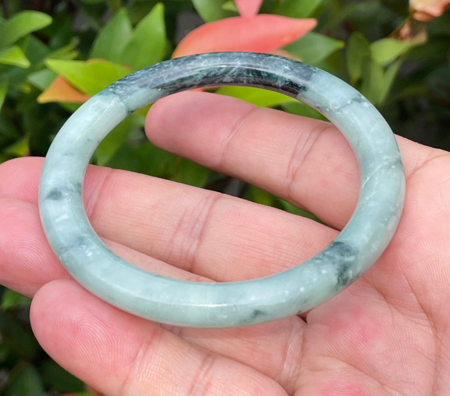Natural Burmese Jadeite Jade Bangle – Bluish Apple Green & Black – Princess Cut – 57mm – JB943