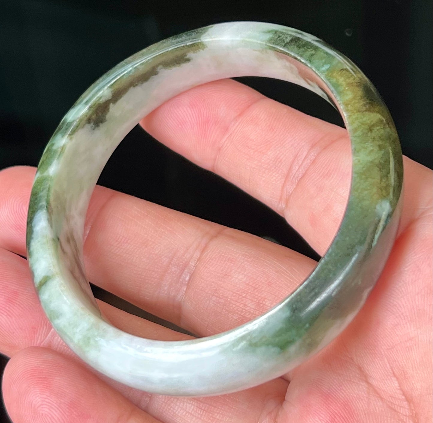 Natural Burmese Jadeite Jade Bangle – Icy Apple and Forest Green with Milky White Hues – 57.2mm – JB517