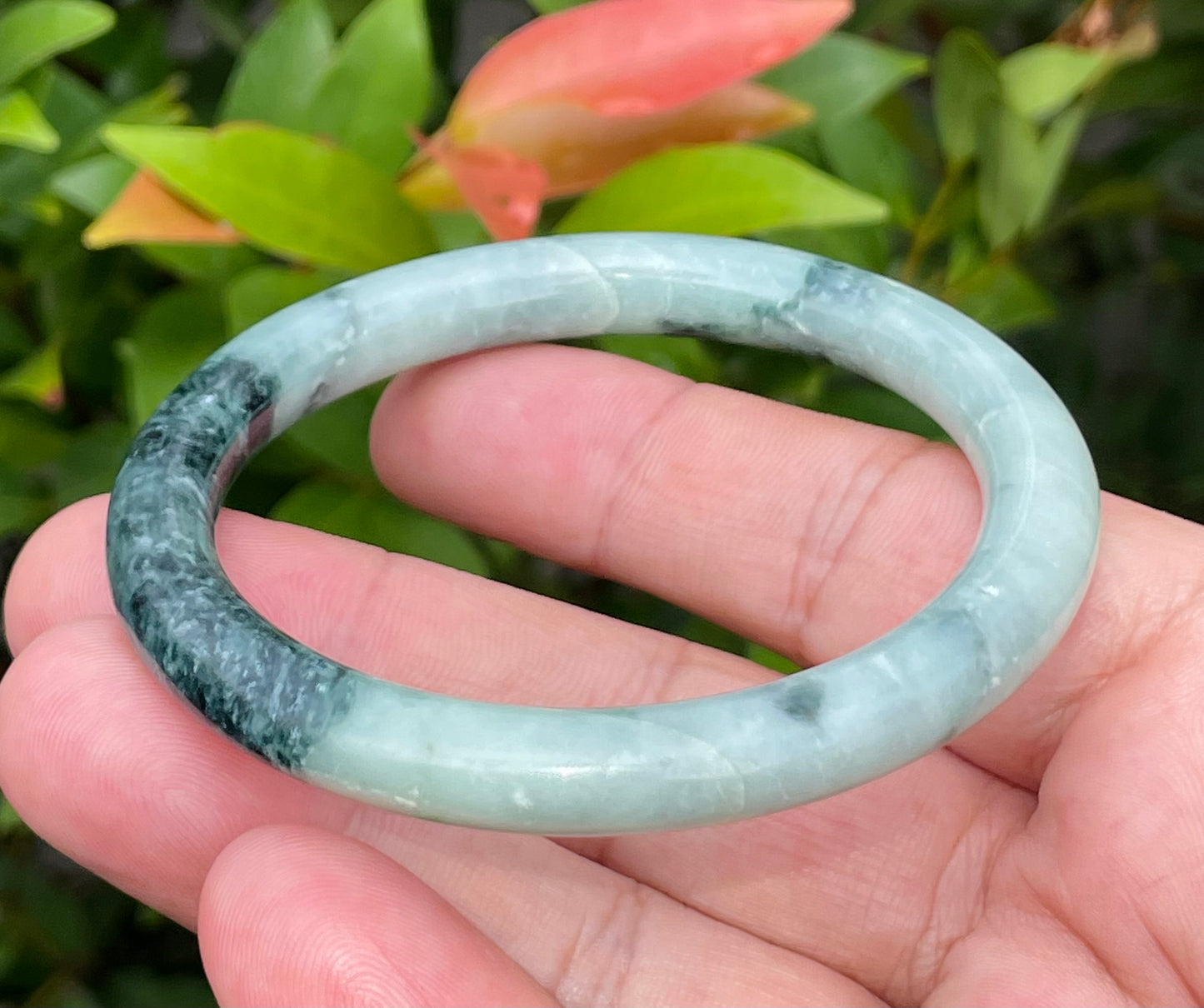 Natural Burmese Jadeite Jade Bangle – Bluish Apple Green & Black – Princess Cut – 57mm – JB943