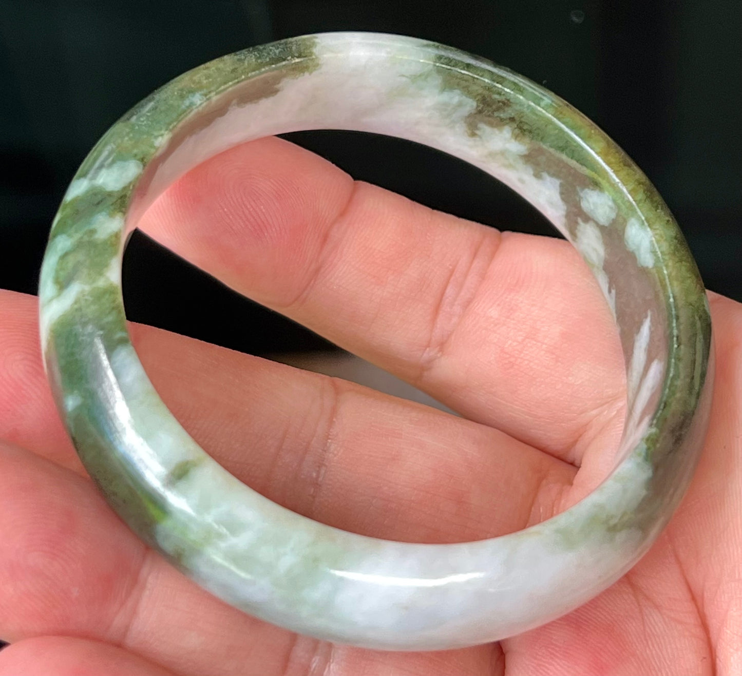 Natural Burmese Jadeite Jade Bangle – Icy Apple and Forest Green with Milky White Hues – 57.2mm – JB517