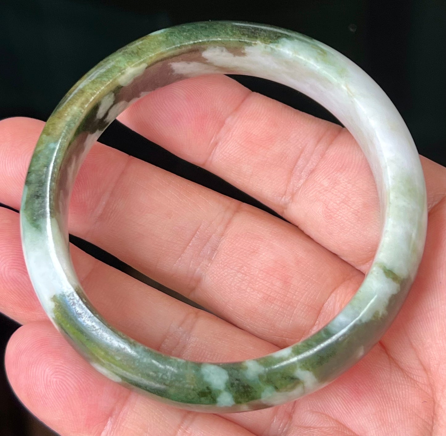 Natural Burmese Jadeite Jade Bangle – Icy Apple and Forest Green with Milky White Hues – 57.2mm – JB517