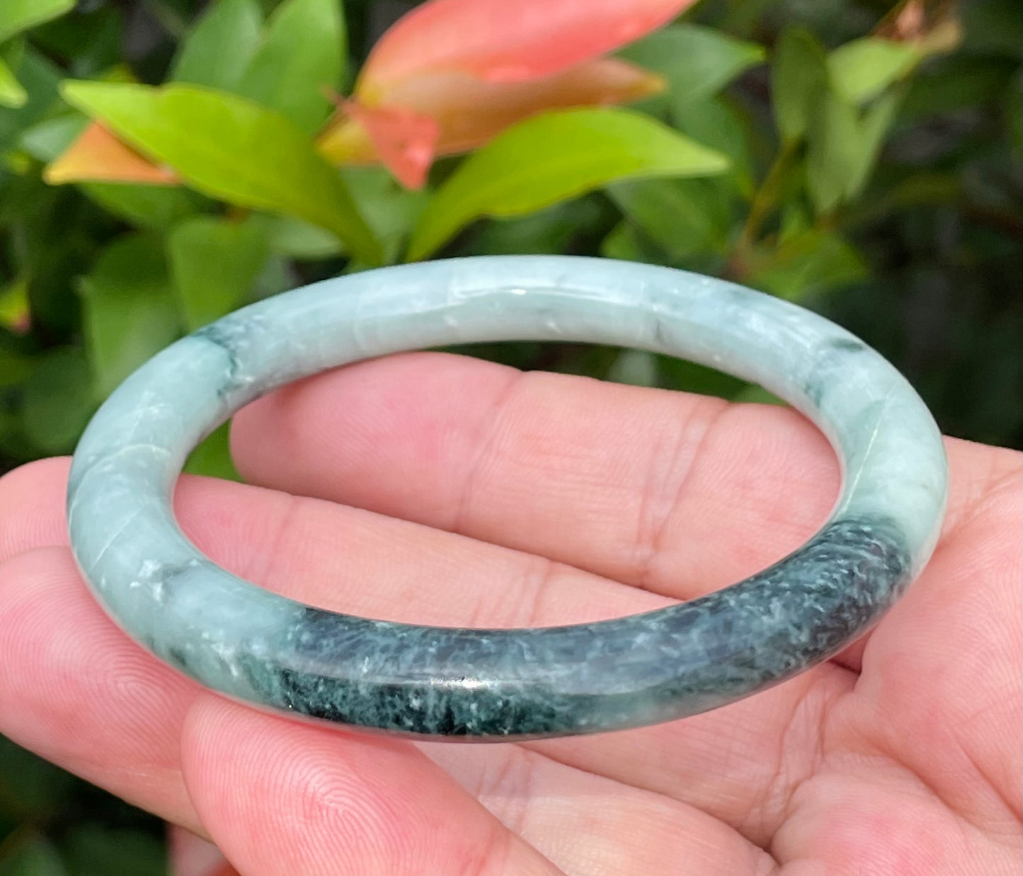 Natural Burmese Jadeite Jade Bangle – Bluish Apple Green & Black – Princess Cut – 57mm – JB943