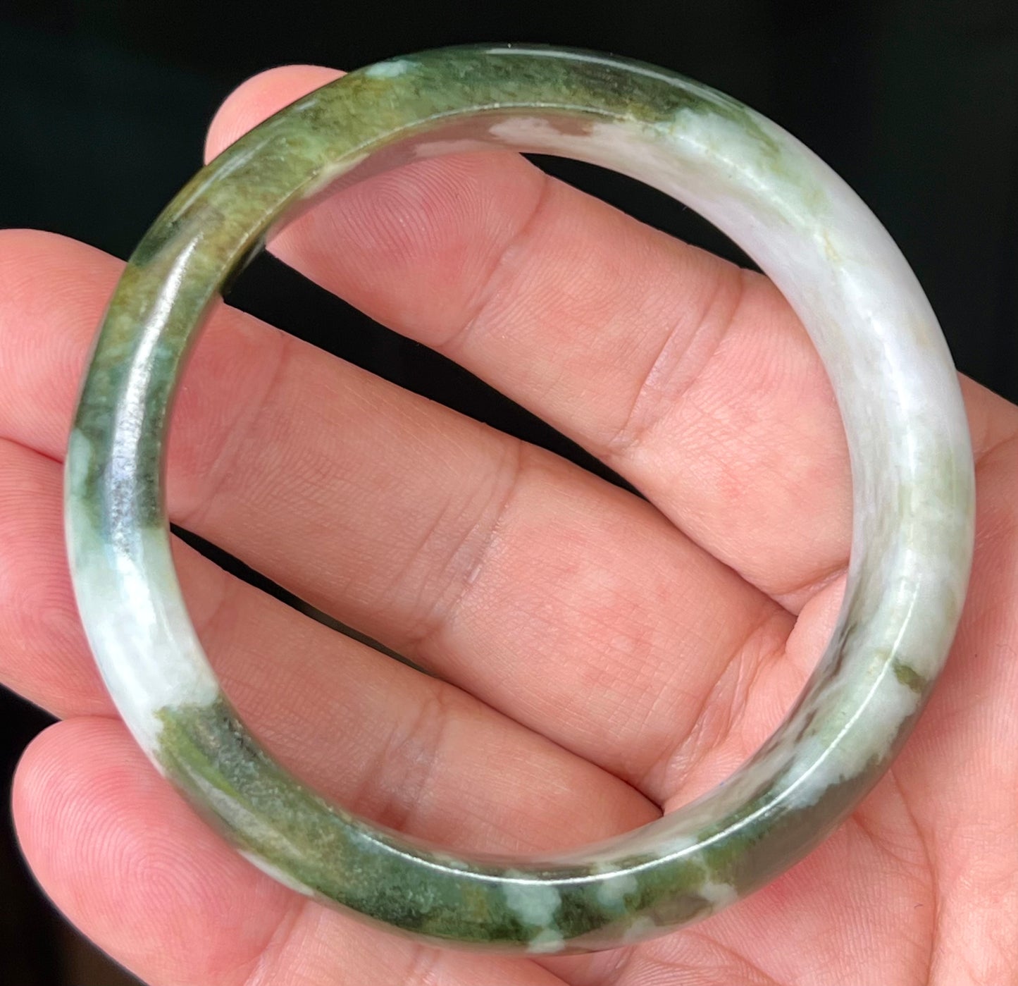 Natural Burmese Jadeite Jade Bangle – Icy Apple and Forest Green with Milky White Hues – 57.2mm – JB517