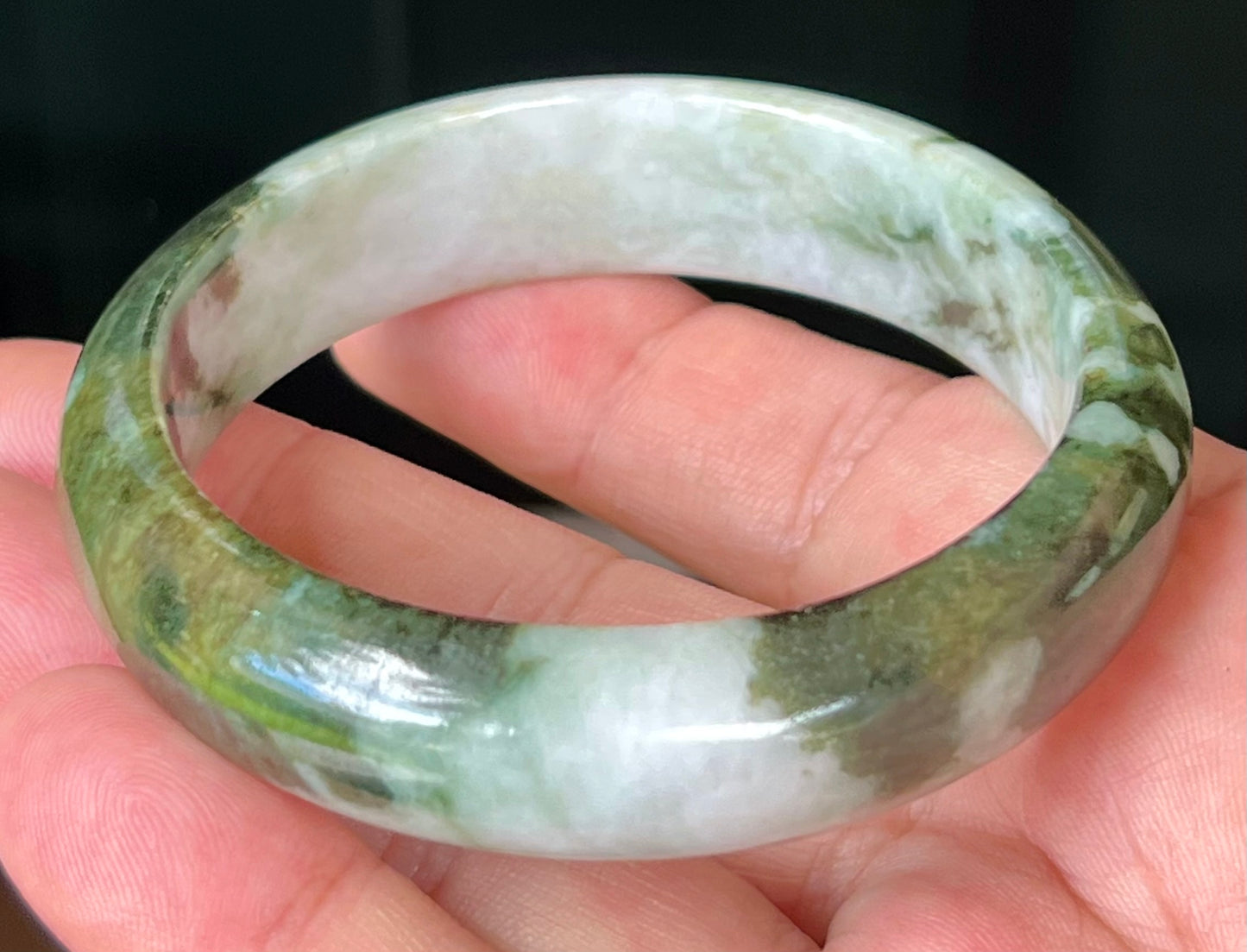 Natural Burmese Jadeite Jade Bangle – Icy Apple and Forest Green with Milky White Hues – 57.2mm – JB517