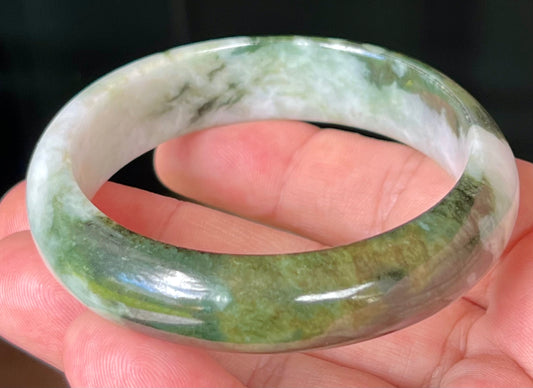 Natural Burmese Jadeite Jade Bangle – Icy Apple and Forest Green with Milky White Hues – 57.2mm – JB517