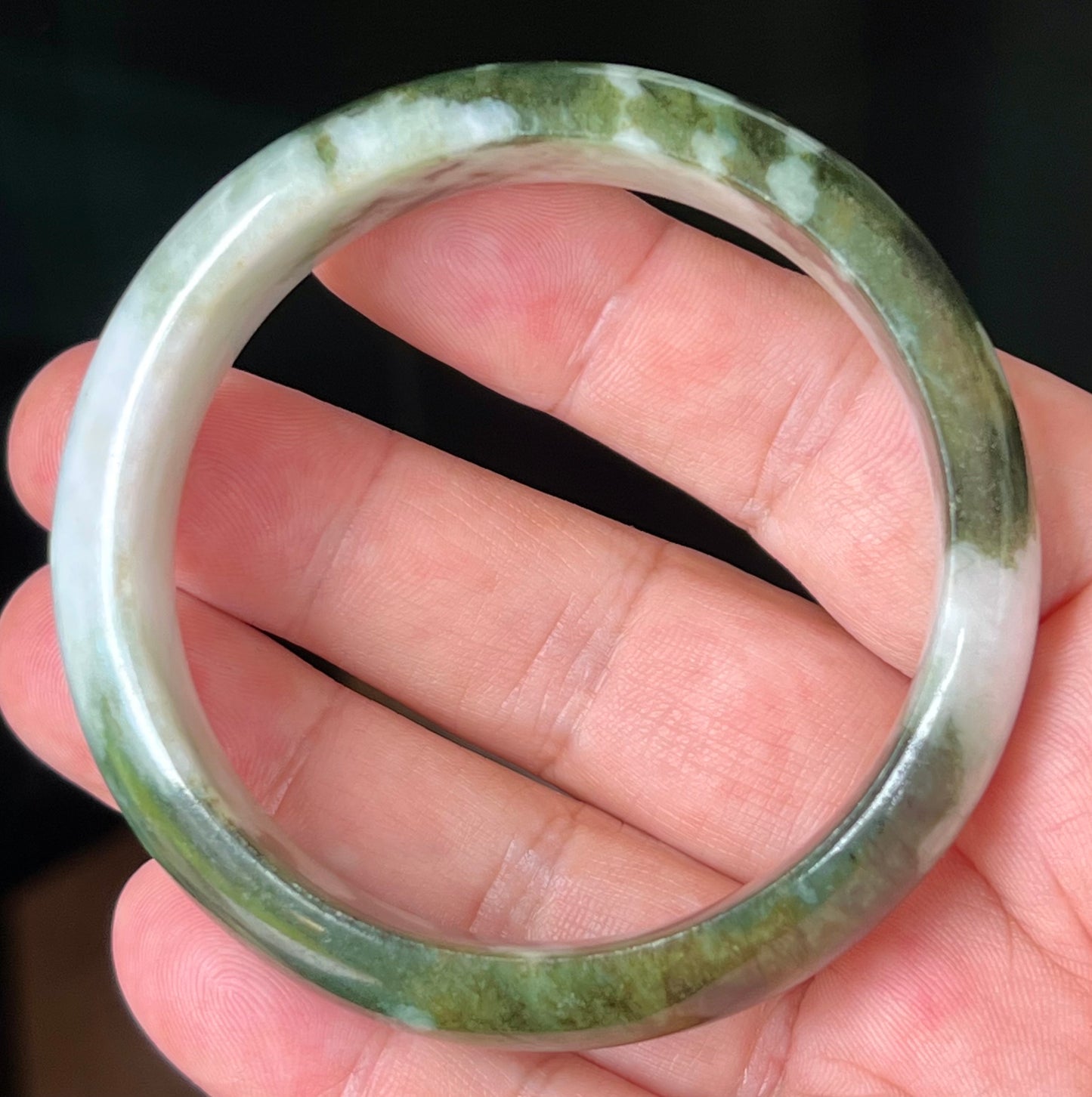 Natural Burmese Jadeite Jade Bangle – Icy Apple and Forest Green with Milky White Hues – 57.2mm – JB517