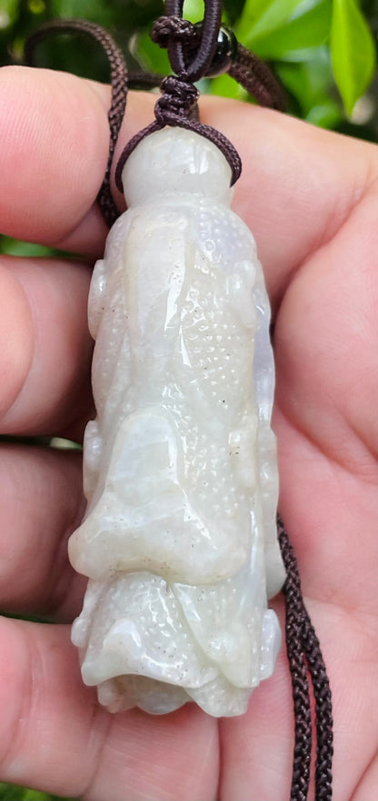 Natural Certified Burmese Jadeite Jade Pendant – Milky White – Hand-Carved Gourd Motif – Necklace Included – JP020