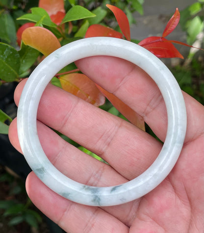 Natural Burmese Jadeite Jade Bangle – Icy Milky White & Imperial Green – Princess Cut – 59mm – JB955
